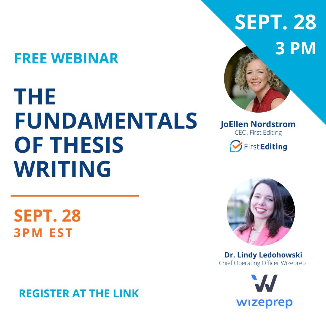 FirstEditing's tweet image. ✨ Tomorrow, free webinar: "The Fundamentals of Thesis Writing"
📌 Join Dr. Lindy Ledohowski, writing expert and scholar from @wizeprep who will break down the most important part of thesis writing for you. 
Sign up today! 🙌 buff.ly/3r1FKRD
#editing #firstediting #book