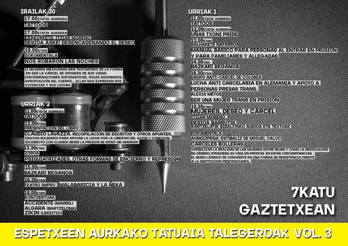 - Este fin de semana <a href="/zoroa_gam/">Zoroa</a> participamos en las jornadas de "Tatuajes Carcelarios" sobre la opresión del encierro. Organiza <a href="/7katuGaztetxea/">7Katu Gaztetxea</a> y el domingo hablaremos del encierro y la opresión psiquiatrica. #ZOROA #AntiPsistema 

animatu parte hartzera!