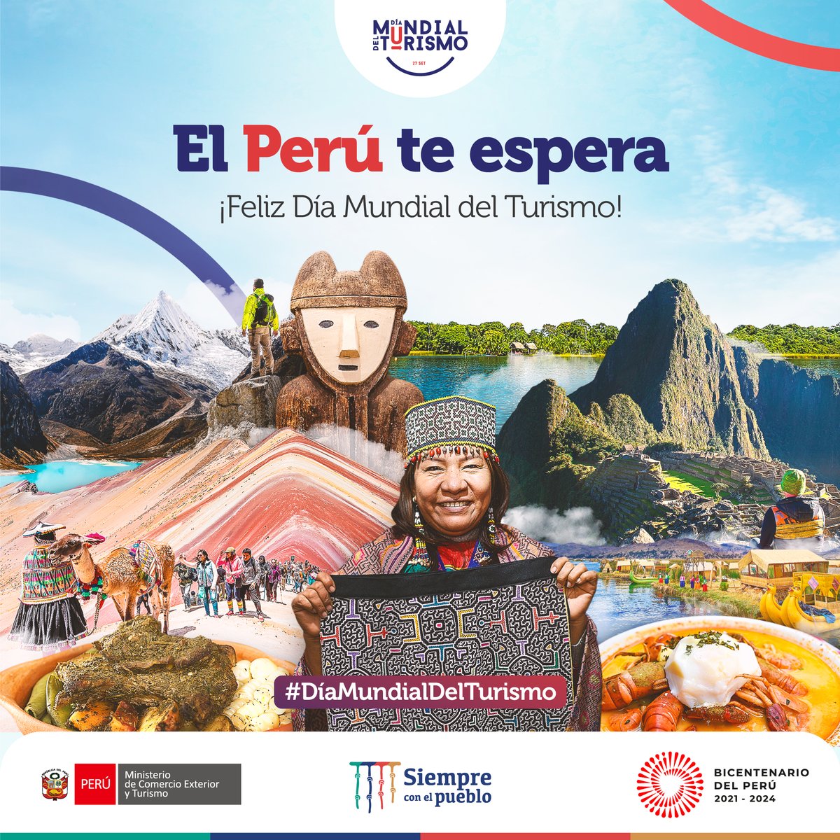 MINCETUR's tweet photo. 🎉¡Feliz #DíaMundialDelTurismo!✨Hoy, uno de los sectores que más contribuye a la economía mundial celebra su día.🥳 Mostremos al mundo nuestra cultura, historia y biodiversidad, porque no hay destino más hermoso que nuestro país.🇵🇪🌎

¡El #Perú te espera!😍

#Efemérides #Turismo https://t.co/YwKpOBDRpc
