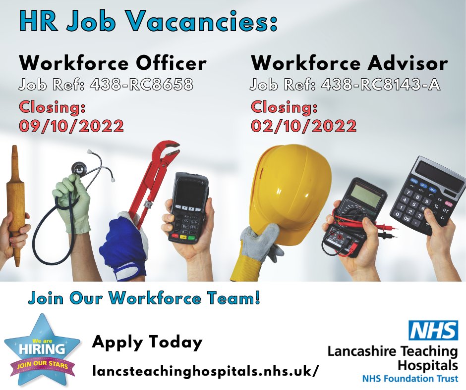 LancsHospJobs's tweet photo. HR Job Vacancies @lancsHospitals

💻 #WorkforceOfficer
⏰ Closes: 09/10/22 
🌐 Apply: https://t.co/1XYjRvBKi8

🖥️ #WorkforceAdvisor
⏰ Closes: 02/10/22
🌐 Apply: https://t.co/cFHrPR6frN

#NHS #NHSjobs #lancashire #HR #HumanResources #Workforce #Admin #Healthcare #Preston #HRJobs https://t.co/qfBZzc73Nd