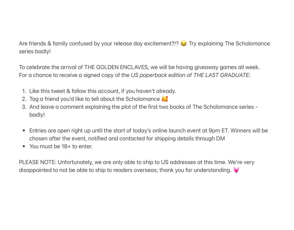 naominovik's tweet photo. Launch Week Giveaway Nº 1! 
Need to explain to a friend why you’re so excited today? Tag them here &amp; explain the Scholomance badly! 

Details attached on how to enter for a signed US ppb copy of THE LAST GRADUATE. https://t.co/z1BPflZLyt