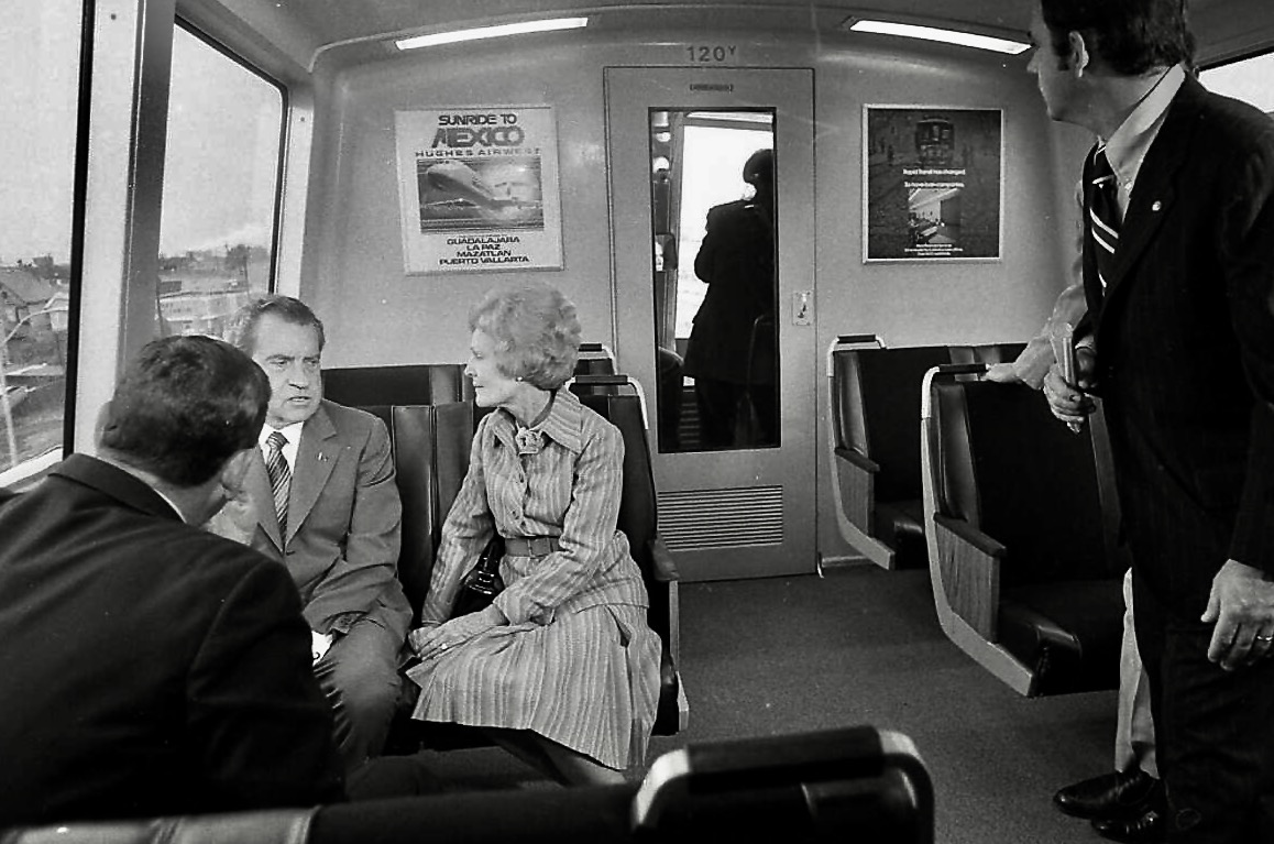 Nixon and Pat ride into future on just-launched Bay Area Rapid Transit (BART) fifty years ago this week: