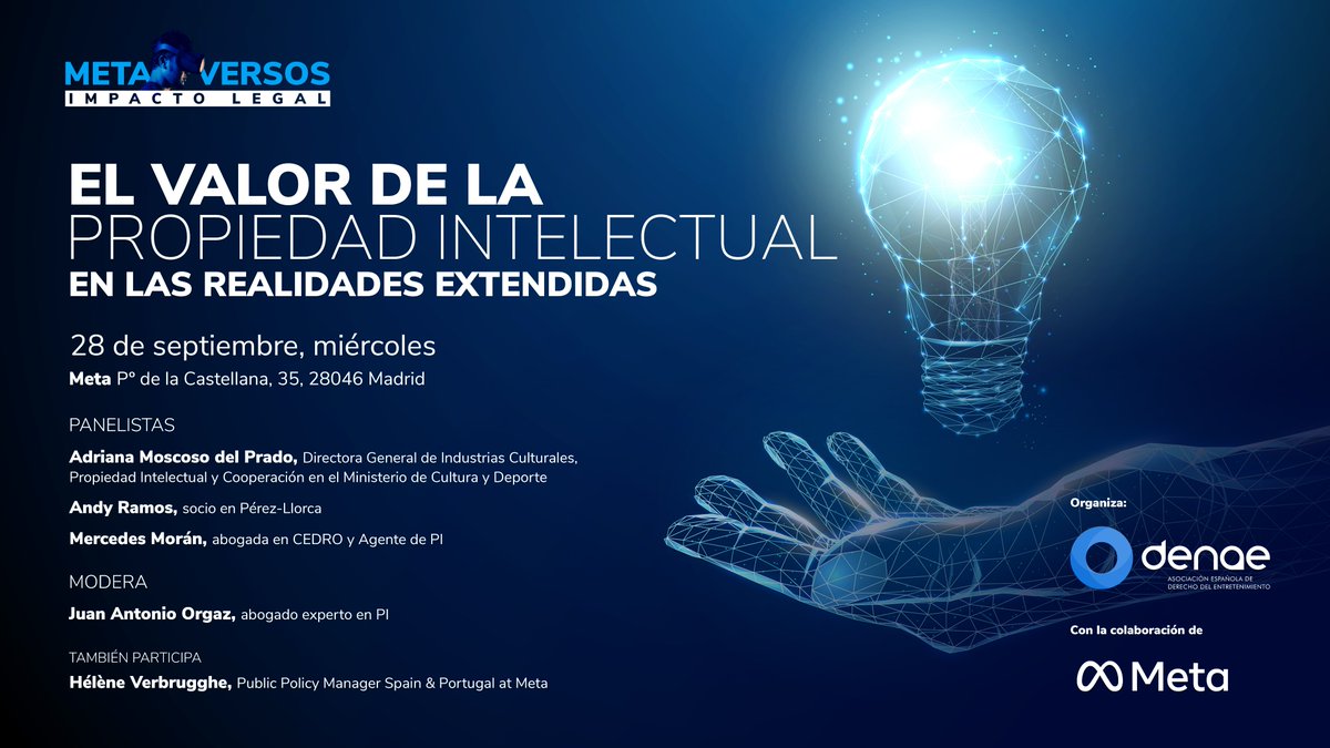 ASIPI_'s tweet photo. La Asociación Española de Derecho de Entretenimiento (#DENAE) invita al Foro "El valor de la Propiedad Intelectual en las realidades extendidas” este próximo 28 de septiembre a las 18:00h en formato online https://t.co/93kOoP2qxm