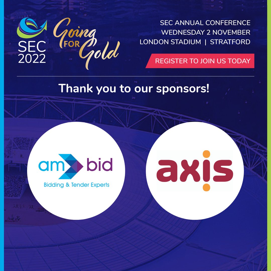 Excited for our annual conference on 2 November, #SEC2022. Thanks to our sponsors <a href="/AMBid/">AM Bid</a> for sponsoring our Bid Better theatre and <a href="/AxisEuropePlc/">Axis</a>  as Registration desk sponsors. More on our partners here; lnkd.in/eMyKtGKq
You can register here; bit.ly/3SlFhpw