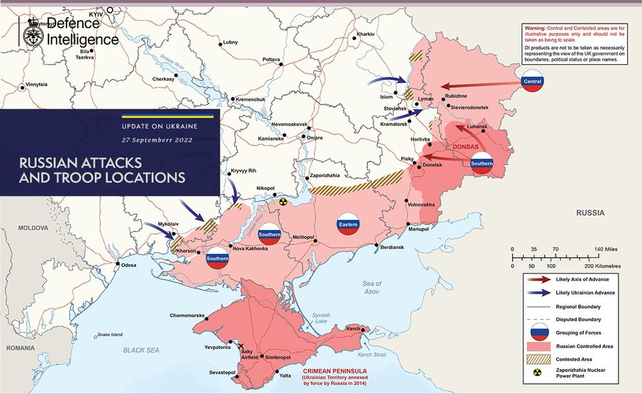 Russian attacks and troop locations map (27 September 2022)