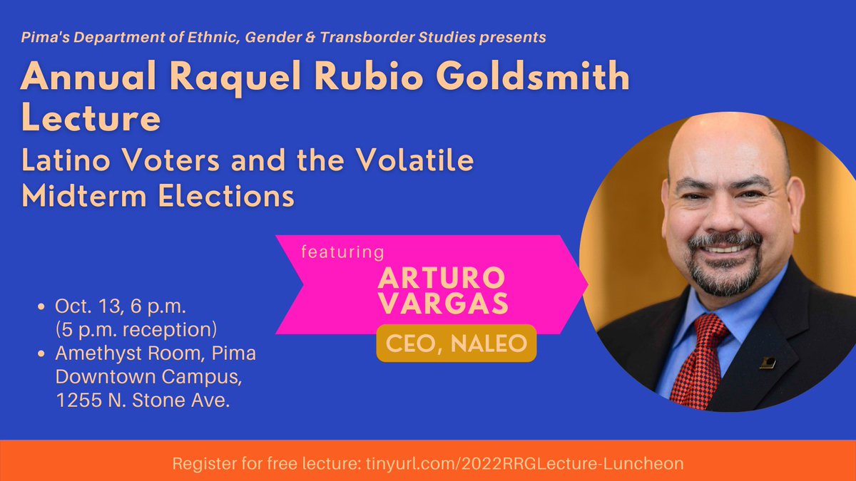 pimatweets's tweet photo. #pimacommunitycollege #pimaegts resumes the Annual Raquel Rubio Goldsmith Lecture in-person, with Arturo Vargas, CEO of @NALEO 
 >  Oct. 13, 6 p.m. (5 p.m. reception)
 > Amethyst Room #pimadowntown
 > Free, register: https://t.co/Wh3OdjCuvb
https://t.co/aRsYIa7xiR #pimarrglecture https://t.co/nwbUHRD6Fz