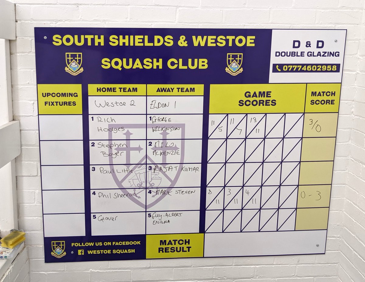 acoatesgraphics's tweet image. Here are a few custom dry-erase scoreboards I recently produced for Westoe Squash and @boldonsquash. A great addition to transform any sports club or office! 🤩

Get in touch if you want your own bespoke whiteboard! 📩

#design #designer #graphics #squash