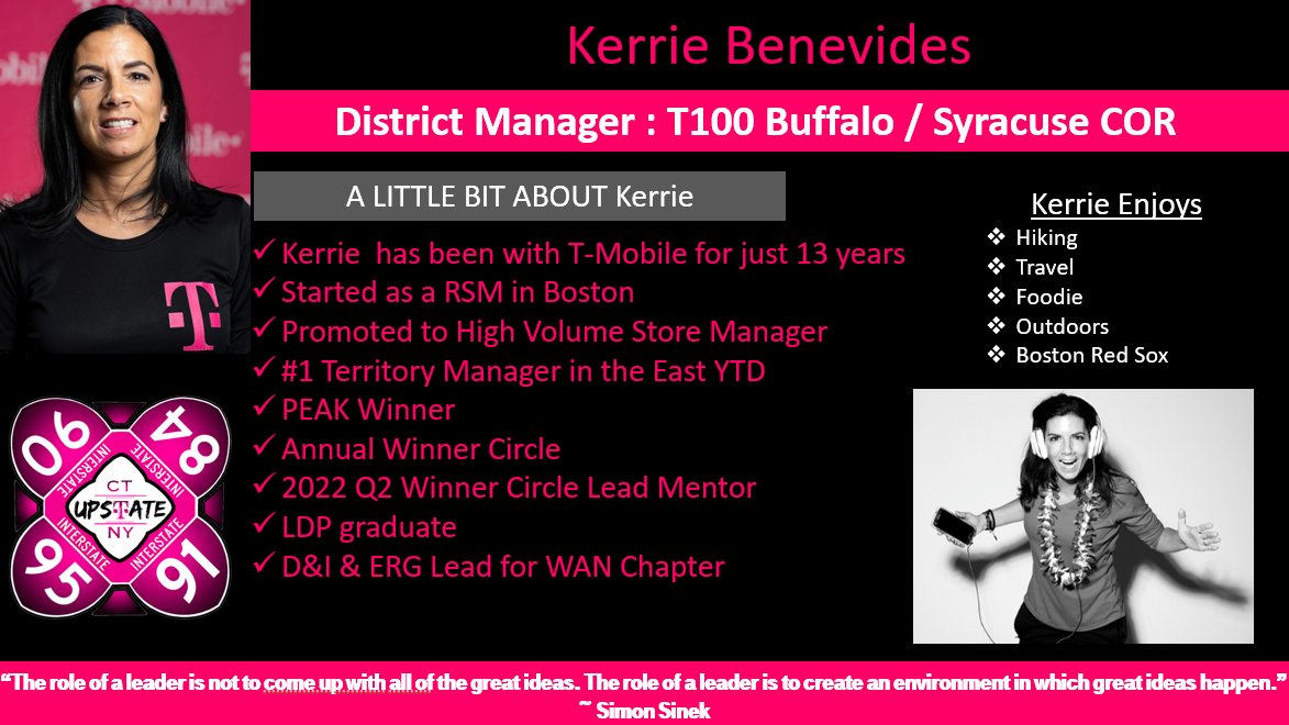 Promotion Alert 🚨!!!Please join me in congratulating 
<a href="/k_benevi/">Kerrie B.</a> on her new role at <a href="/TMobile/">T-Mobile</a>  as District Manager of Buffalo / Syracuse!  Kerrie we are excited to have you in 🦬!  We can’t wait to see you crush it in your new role!!! <a href="/AmrWahba1080/">Amr Wahba</a> <a href="/SamanthaSpecs/">Samantha</a>  #EastEmpire