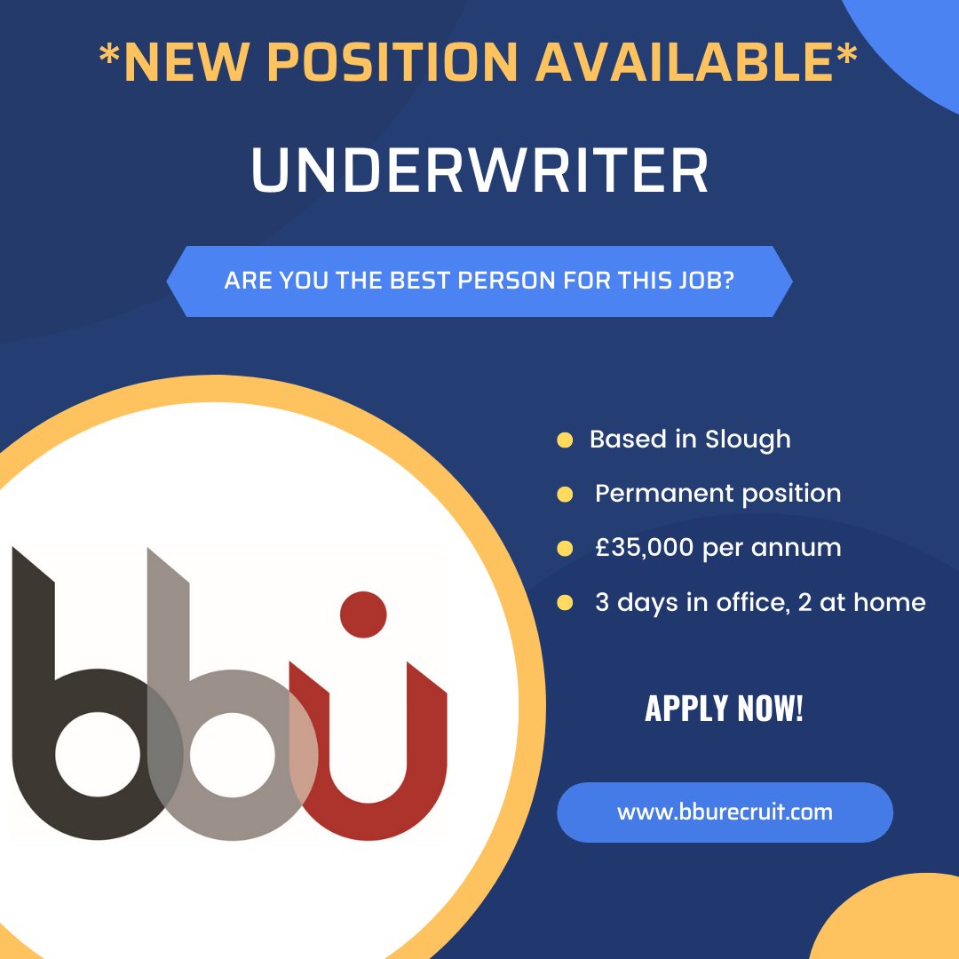 Do you have previous experience of underwriting ,credit practices and procedures?
Are you looking for a permanent position, based in #Slough?
Then this role could be for you!
Apply here ➡️ bburecruit.com/jobs/underwrit…
⚫️ ⚪️ 🔴
#bbu #underwriter #hiring