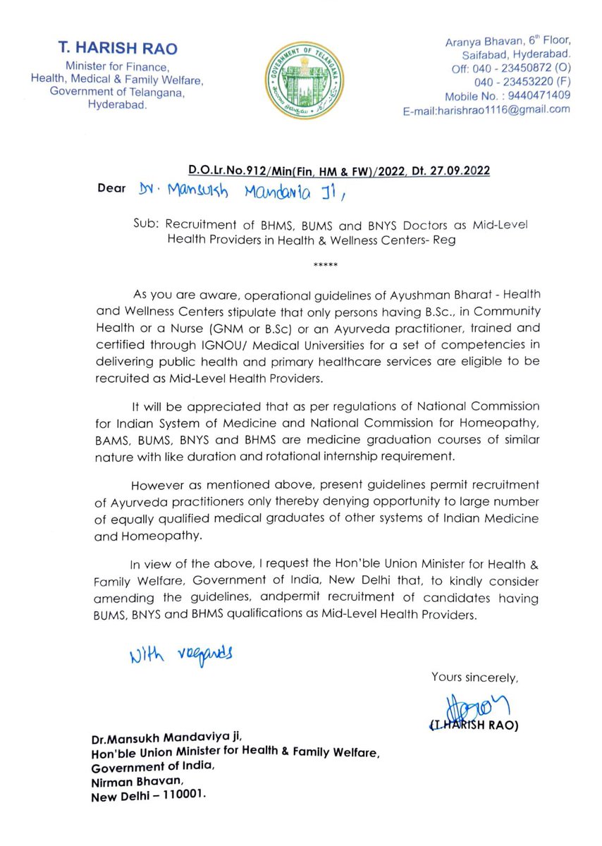 BRSHarish's tweet photo. I write to Hon’ble Union Health Minister Shri @mansukhmandviya to take into consideration of amending the guidelines and permit recruitment of candidates having BUMS, BNYS and BHMS qualifications as Mid-Level Health Providers in Health and wellness centers. https://t.co/u0d2dSq2bL
