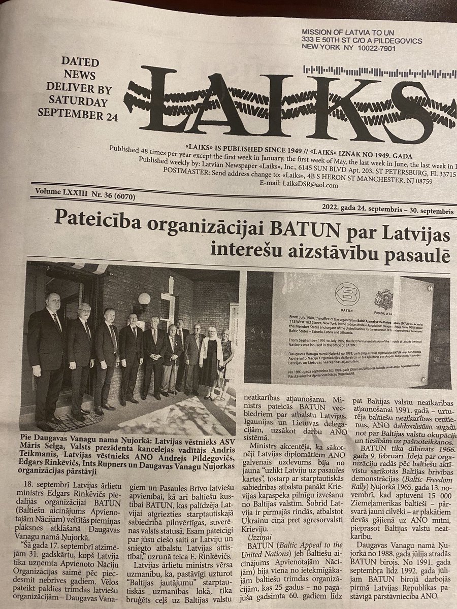 APildegovics's tweet photo. Paldies avīzei “Laiks” https://t.co/hOAQcFeAan par #BATUN @LatviaUN_NY 🇱🇻 ANO 🇺🇳 #UNGA77 veltīto rakstu! Pateicos @DaugavasVanagi Ņujorkā, @PBLA_Latvija @ALA_USA #BATUN vecbiedriem Uldim Bluķim un Intam Rupneram par sadarbību 🤝! #WeRemember https://t.co/M9b6mAkhWa