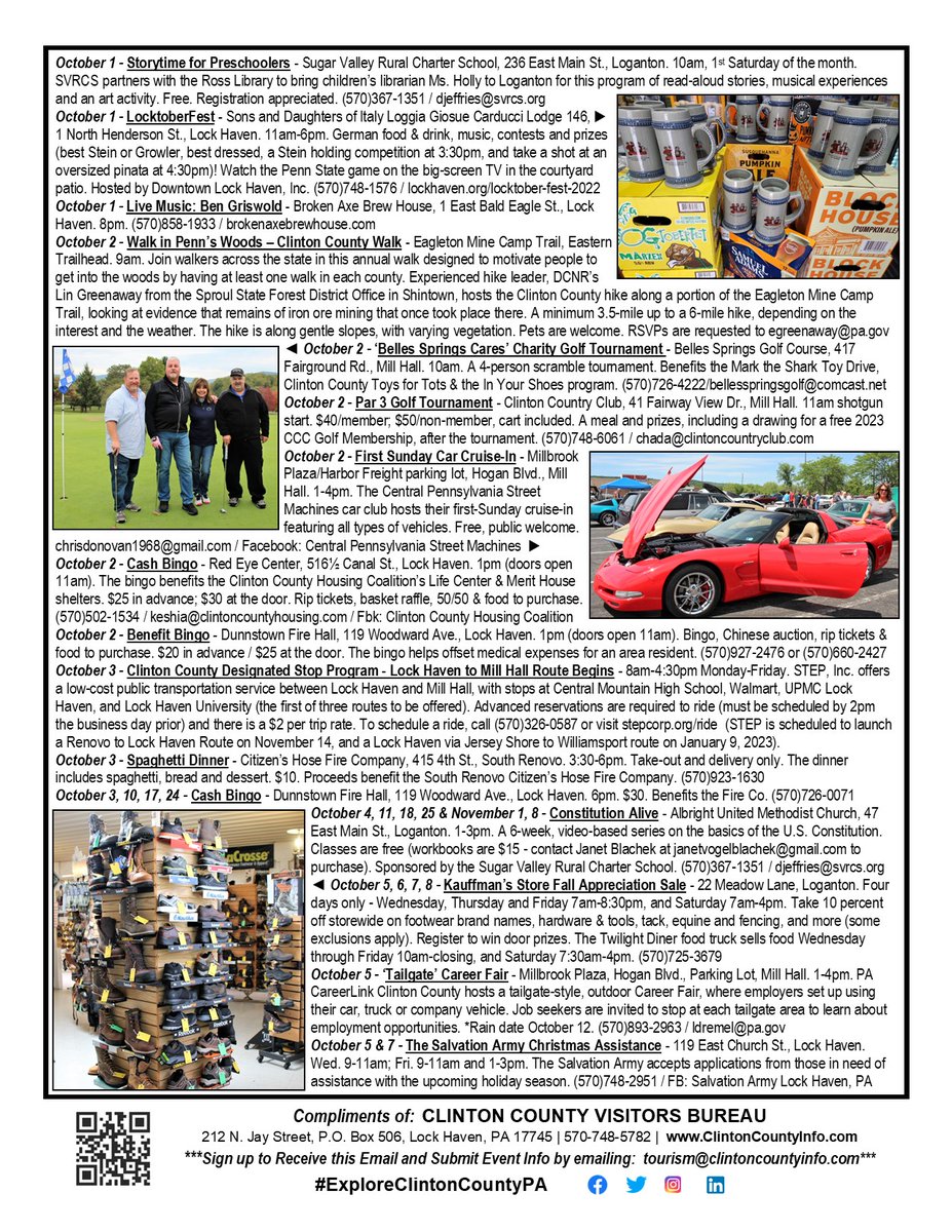 ClintonCountyPA's tweet photo. Hi, fans of Clinton County! Attached is another jam-packed “What’s Happening” flyer – 3 pages this week! Please print, post &amp; share (we share this to our Explore Clinton County, PA Facebook page). For a full Calendar of Events, visit our website at https://t.co/772rVwWwb4. https://t.co/QpojG815P6