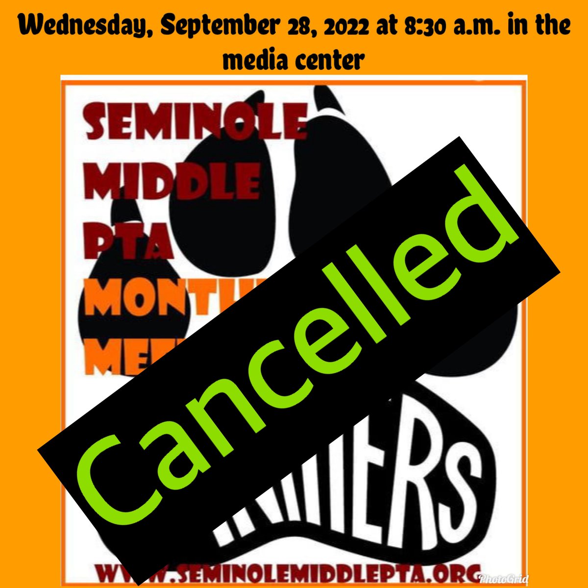 SeminoleMidPTA's tweet photo. Good Morning Panther Family,
The PTA/SAC/SAF Meeting originally scheduled for September 28, 2022 has been cancelled and will be rescheduled for October 6, 2022.  
Thank you. https://t.co/t68qdkrov2