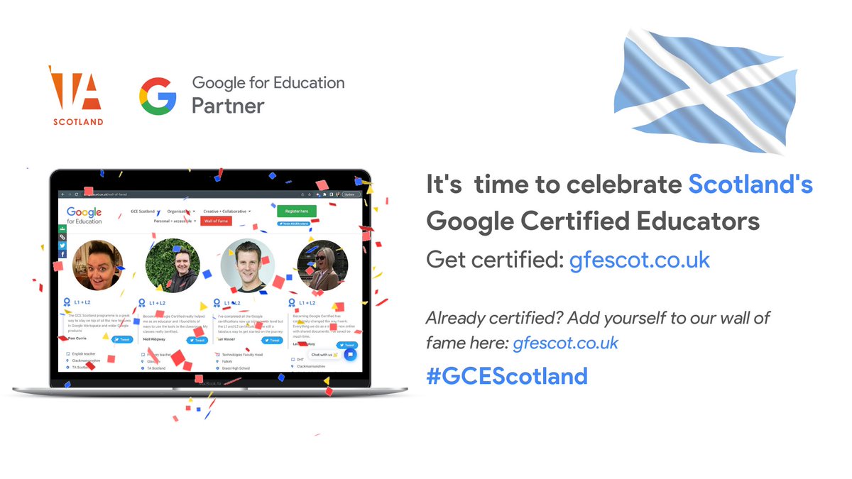 TAScotland's tweet photo. Scotland 🏴󠁧󠁢󠁳󠁣󠁴󠁿 it's time to celebrate success!

If you're a Google certified educator currently teaching or working in Scotland, get yourself on our wall of fame https://t.co/TYxsGsjyCV 

Not certified yet? 

👉 Get certified here: https://t.co/01nJtMd5nn

#GoogleEdu
#DigiLearnScot https://t.co/easgEccr4W