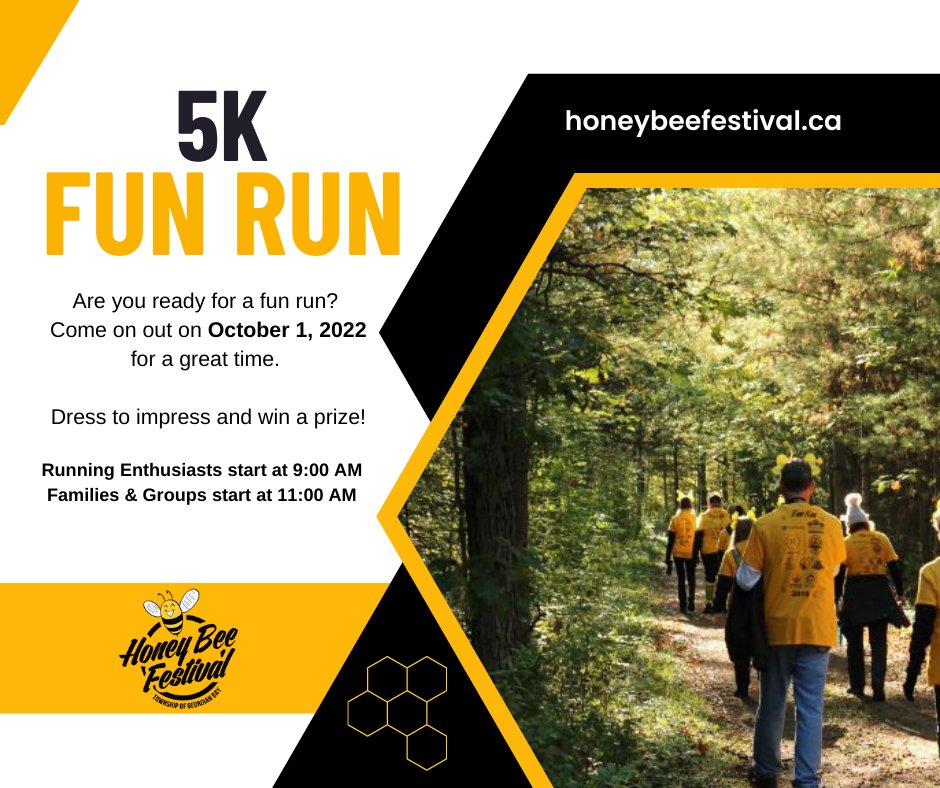 gbtownship's tweet image. Get your running shoes ready for the Honey Bee Festival  #5KFunRun! Saturday, October 1, 2022 two convenient times.
9:00 AM for running enthusiasts 
11:00 AM for groups
Dress to impress and win a prize!

#HoneyBeeFestival2022 #HBF2022 #GeorgianBay