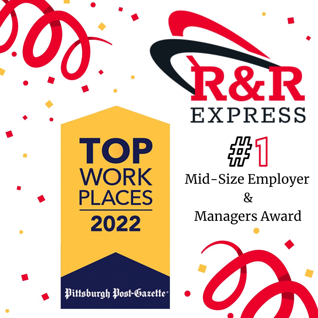 RandRExpress's tweet photo. We are thrilled to announce that not only is R&amp;R Express rated as a Top Workplace in Pittsburgh, we are ranked #1 out of all midsize companies and received a Managers Award! We have the best employees - THANK YOU!  #pittsburgh #topworkplaces #thankyouemployees https://t.co/gre5y3aDmE