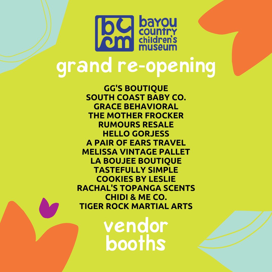 bccmuseum's tweet photo. Don't miss our vendor booths at our Grand Re-Opening event. Come out and support Lafourche Parish residents as they sell there goods! We can't wait to #playthecajunway #BCCM https://t.co/SnWbgtbuNg