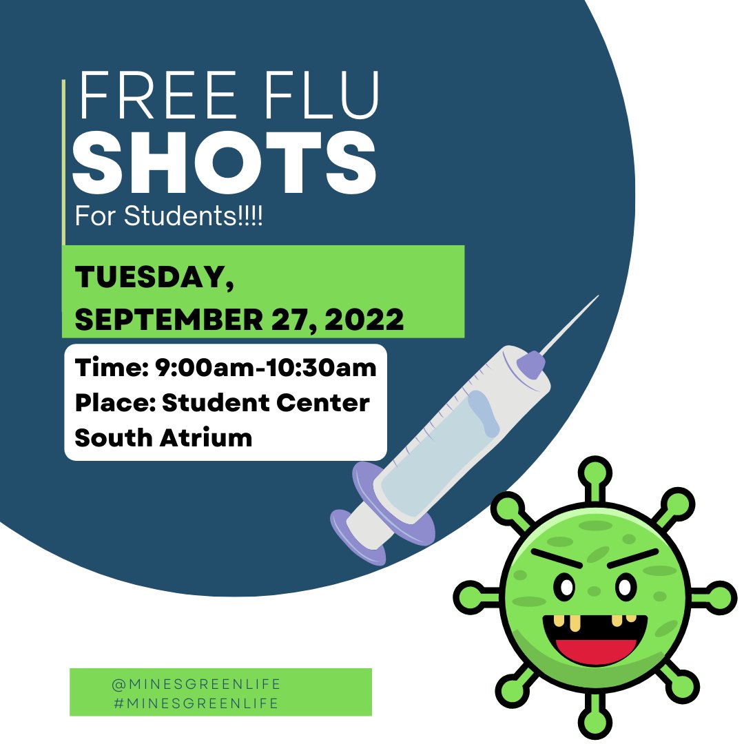 Free Flu Shot Clinic in the Student Center, Lower Atrium today from 9:00 to 10:30