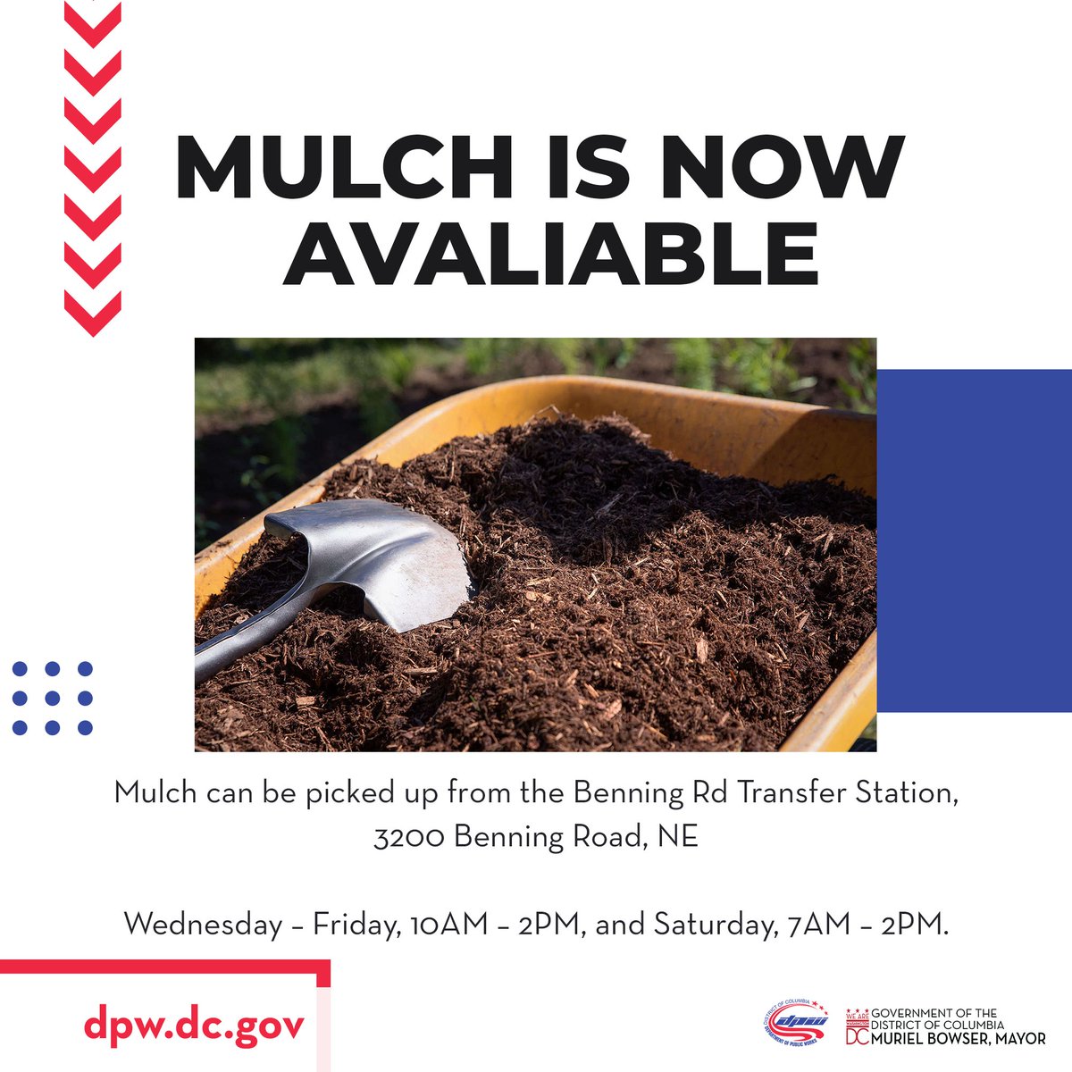 Finish your yard work with compost from the Benning Road Transfer Station. We offer free compost pickup Monday-Friday 1p-5p & Saturdays 8a-3p. Visit our website for more information dpw.dc.gov/service/fort-t…