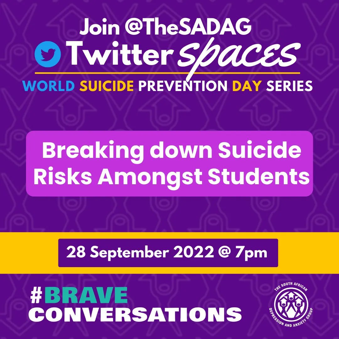 TheSADAG's tweet photo. Join us at 7 pm tomorrow, 28 September for a #BraveConversation which we will be hosting on Twitterspaces where a panel of guests will be speaking more on Breaking Down Suicide Risks Amongst Students. #WorldSuicidePreventionDay #MentalHealthAwareness https://t.co/gew1ObT3Y0