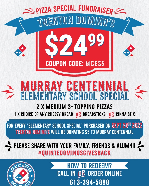 murraybears1967's tweet photo. Don't know what to do for dinner tomorrow night?

Wednesday, September 28th use coupon code MCESS to get 2 medium pizzas with a side at the Trenton Dominoes. 
$5 will from each purchase will go to our school. https://t.co/JWv6VKGf7I