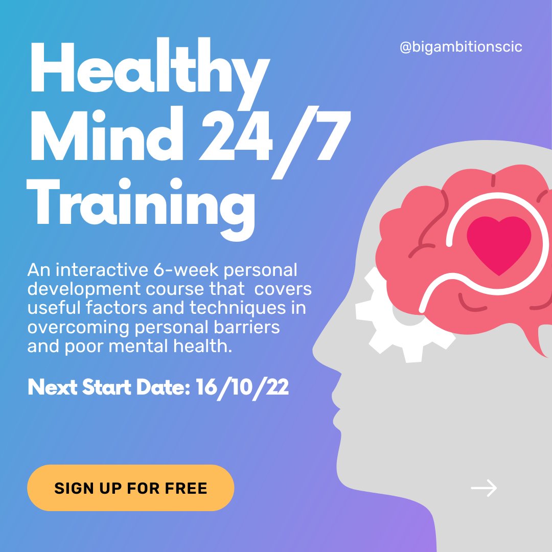 BigAmbitionsCIC's tweet photo. 🚨SPACES LIMITED🚨

Our 6-week personal development training, Healthy Mind 24/7, is on Thursday, October 13th!
Choose from ⏱10 am or ⏱1.30pm

Contact us to book your place.

Eligibility:
✅Must be unemployed
✅Not in education
✅Live in Sheffield

#MentalHealthAwareness https://t.co/cGL7mJaRnX
