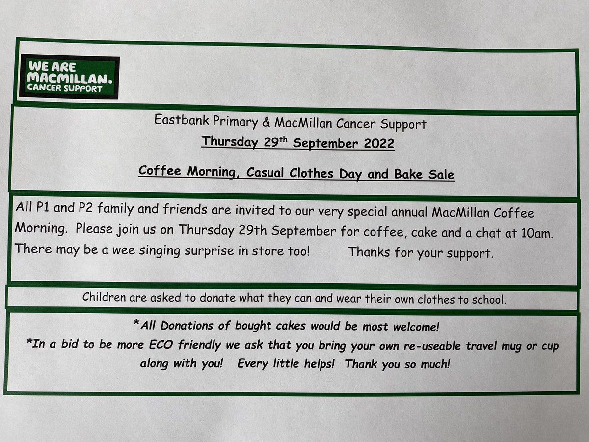 EastbankPri's tweet photo. A wee reminder that our Rota Kids are hosting their annual MacMillan Coffee Morning for P1 and P2 parents and whole school Non-Uniform Day and Bake Sale on Thursday, 30th Sept. 😃☕️🍰. All donations would be gratefully received. Thank you 🤩 https://t.co/ct71spD1ui