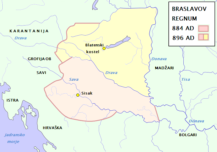 Duchy of Lower Pannonia in 900, taken from https://en.wikipedia.org/wiki/Slavs_in_Lower_Pannonia#/media/File:Territory_governed_by_Braslav.png
