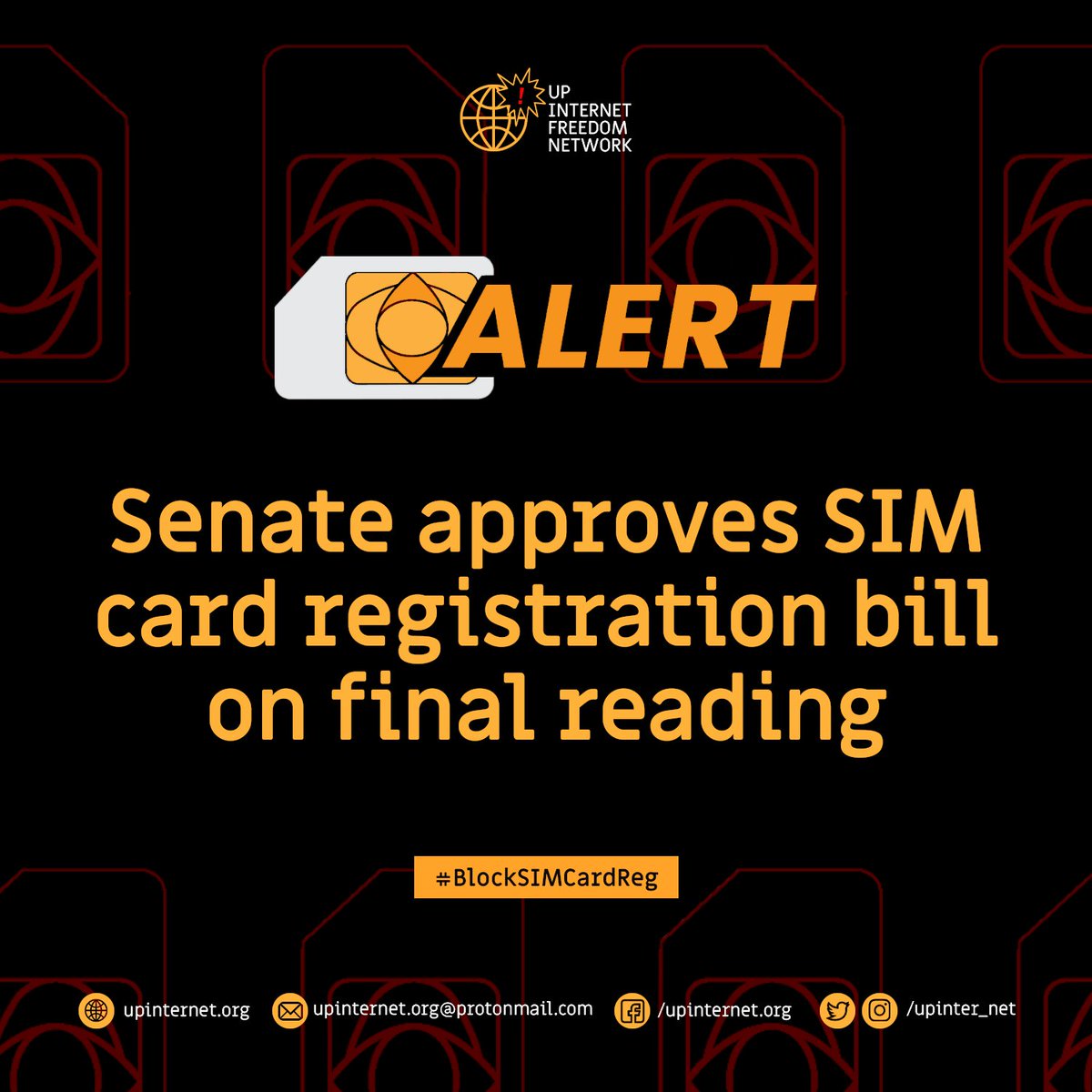 upinter_net's tweet photo. On third and final reading, senate approves SIM Card Registration Bill
Once passed, SIM card users will be required to register personal information through presenting valid ID cards and documents.
#BlockSIMCardReg
#DefendPHInternet https://t.co/SfpFBDElHJ
