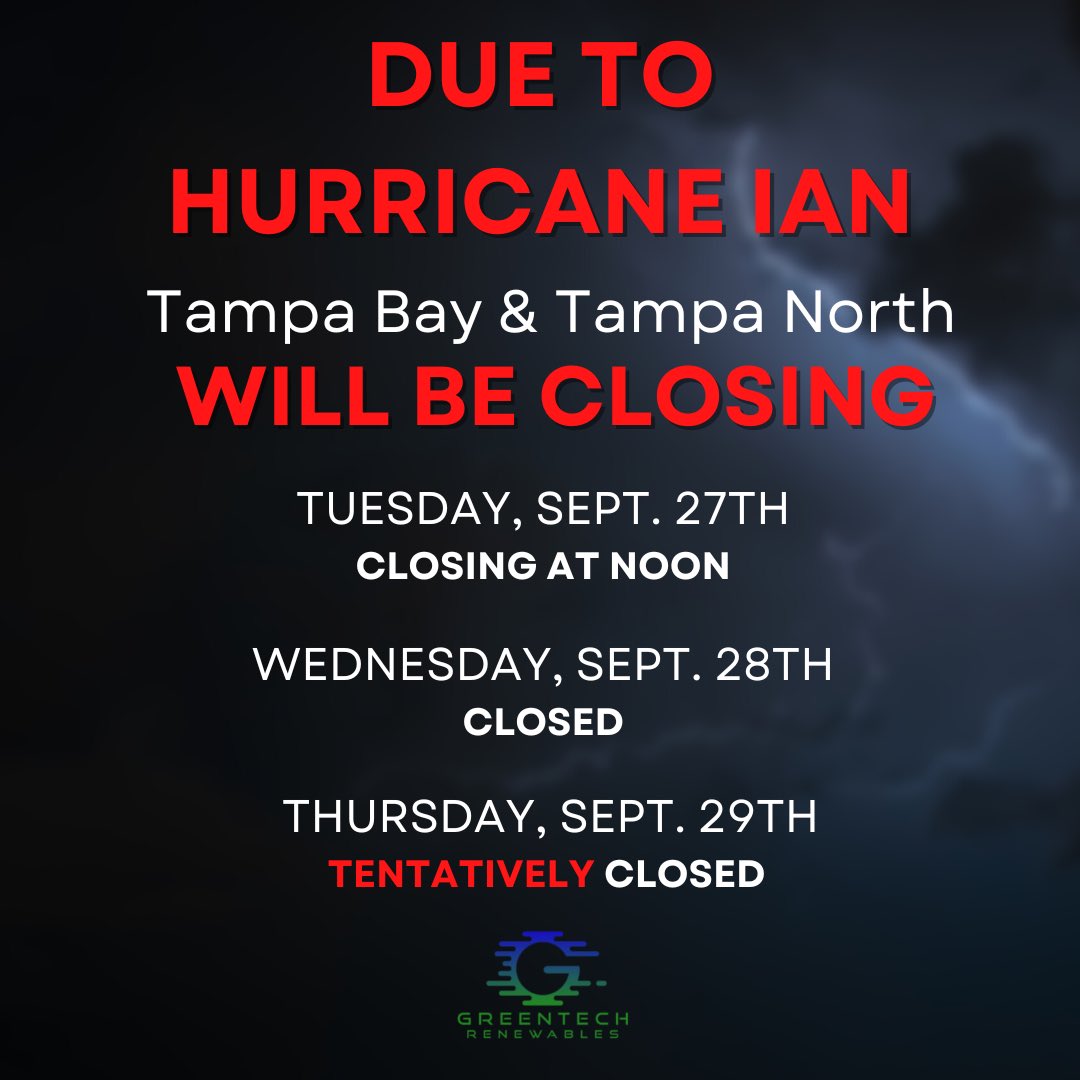 GreentechTampa's tweet photo. 🚨Tampa Bay &amp; Tampa North’s hours have been adjusted 👇🏼 https://t.co/VJLHQH9EFc