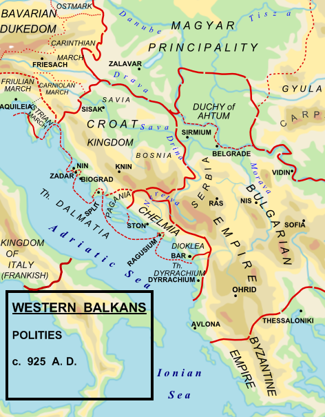 Likely extent of Kingdom of Croatia in 925, taken from https://en.wikipedia.org/wiki/Tomislav_of_Croatia#/media/File:Balkans925.png