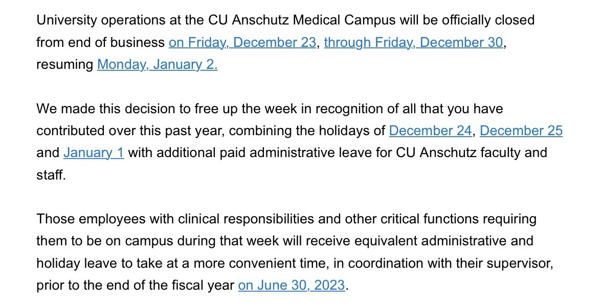 Massive shout out to the University of Colorado. This is what organizational wellness looks like from the top down.

No pet rock/pizza party. 10 consecutive days off this holiday season (or use them anytime next year) while naming &amp; recognizing the dedication of the last 3 years.
