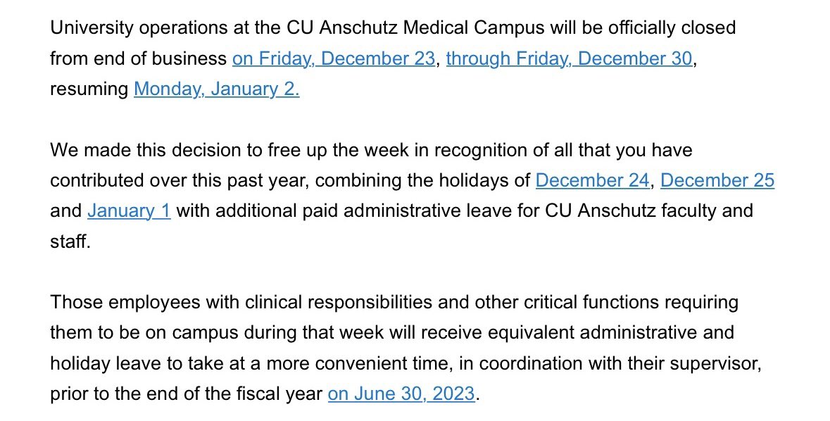 Massive shout out to the University of Colorado. This is what organizational wellness looks like from the top down. No pet rock/pizza party. 10 consecutive days off this holiday season (or use them anytime next year) while naming & recognizing the dedication of the last 3 years.