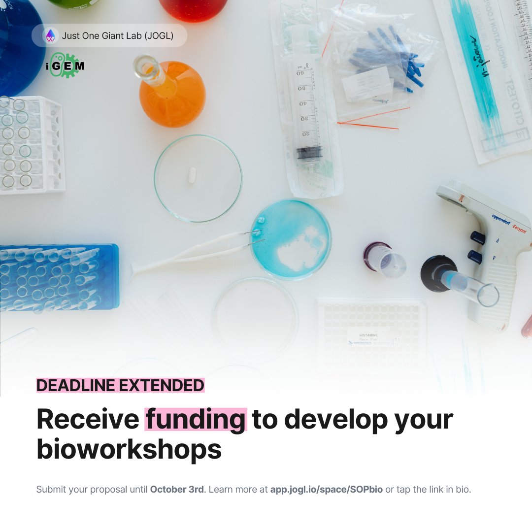JOGL (@justonegiantlab) on Twitter photo DEADLINE EXTENDED! ✨
Submit your proposal by October 3rd for a chance to win up to 500 euros to hold your bioworkshop.
Learn more about the rules and instructions for participating in the SOPbio initiative here: app.jogl.io/peer-review/SO…
<a href="/iGEM/">iGEM Headquarters</a>
#funding #diybio #sciencegrants DEADLINE EXTENDED! ✨
Submit your proposal by October 3rd for a chance to win up to 500 euros to hold your bioworkshop.
Learn more about the rules and instructions for participating in the SOPbio initiative here: app.jogl.io/peer-review/SO…
<a href="/iGEM/">iGEM Headquarters</a>
#funding #diybio #sciencegrants