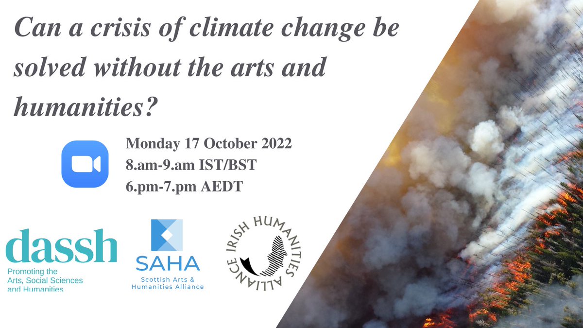 We are delighted to join <a href="/SAHA_voice/">SAHA</a> &amp; <a href="/auDASSH/">Deans of Arts, Social Sciences and Humanities</a> in hosting: 'Can a crisis of #climatechange be solved without the #arts and #humanities?' The webinar takes place on Monday 17 Oct. Dr Timothy Stott 
@TCDHistArtArch &amp; Prof. Caitríona Ní Dhúill <a href="/UCC_German/">Department of German</a> will represent the IHA.