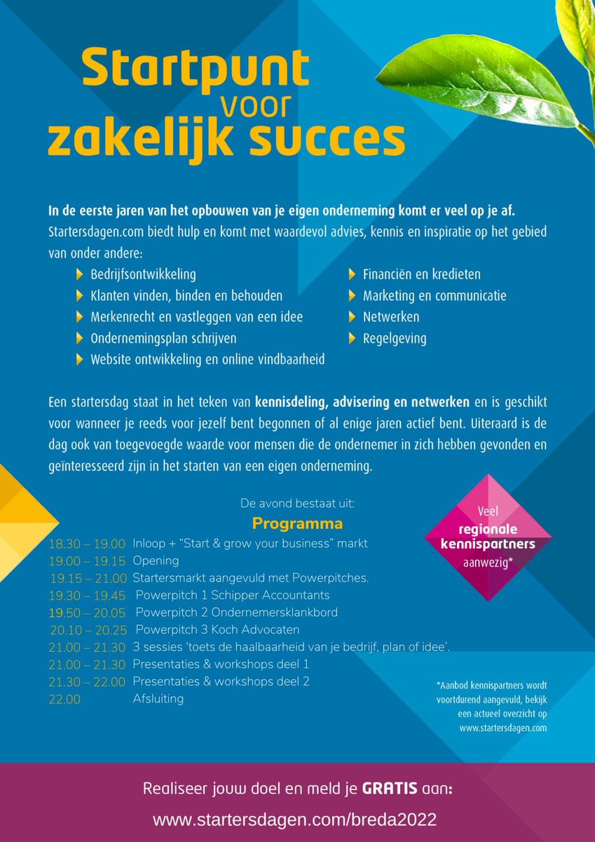 𝗦𝘁𝗮𝗿𝘁𝗲𝗿𝘀𝗱𝗮𝗴 𝗕𝗿𝗲𝗱𝗮 𝗼𝗽 𝟮𝟵 𝘀𝗲𝗽𝘁𝗲𝗺𝗯𝗲𝗿
Na een afwezigheid van twee jaar is er weer een live bijeenkomst voor alle startende en groeiende ondernemers uit de regio Breda. 
Kosteloos aanmelden kan via lnkd.in/gbWBKb8d