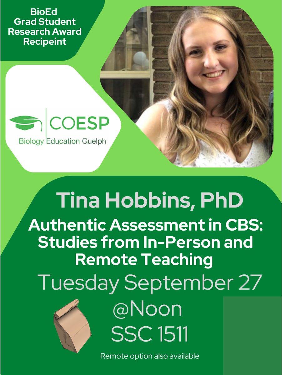 uogcoesp (@uogcoesp) on Twitter photo Dr. Tina Hobbins talks Authentic Assessment, Tuesday Sept 27, Noon, SSC 1511 and virtually, if joining remotely and you have NOT received a Teams link, please reply and we'll get you the link, Thanks!
<a href="/UofG_MCB/">MCB at UofG</a> <a href="/UofG_HHNS/">HHNS at UofG</a> <a href="/IntUGrativeBiol/">Integrative Biology</a> @PseerUofG <a href="/GTCUofG/">GTC - Graduate Teaching Community</a> @UofG_OpenEd <a href="/GscMcb/">MCB Graduate Student Council</a> Dr. Tina Hobbins talks Authentic Assessment, Tuesday Sept 27, Noon, SSC 1511 and virtually, if joining remotely and you have NOT received a Teams link, please reply and we'll get you the link, Thanks!
<a href="/UofG_MCB/">MCB at UofG</a> <a href="/UofG_HHNS/">HHNS at UofG</a> <a href="/IntUGrativeBiol/">Integrative Biology</a> @PseerUofG <a href="/GTCUofG/">GTC - Graduate Teaching Community</a> @UofG_OpenEd <a href="/GscMcb/">MCB Graduate Student Council</a>
