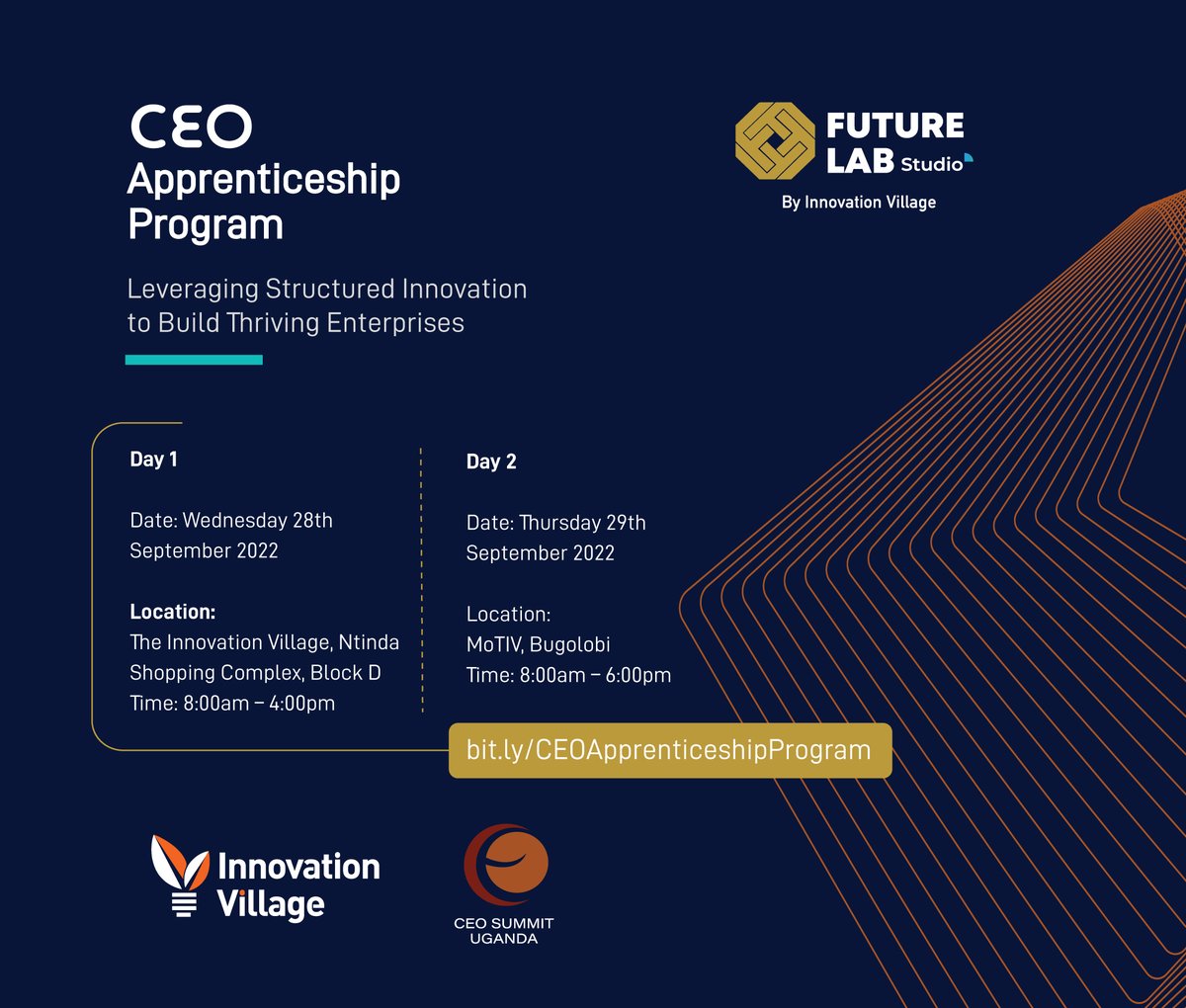TheVillageUG's tweet photo. Join us tomorrow for the #CEOApprenticeshipProgram to explore ways founders can leverage structured corporate innovation to build thriving business enterprises through shared value to spark creativity &amp; deliver a more focused business agenda.  

Register👉https://t.co/0w5mq1ppN0 https://t.co/FO373iWe5Y
