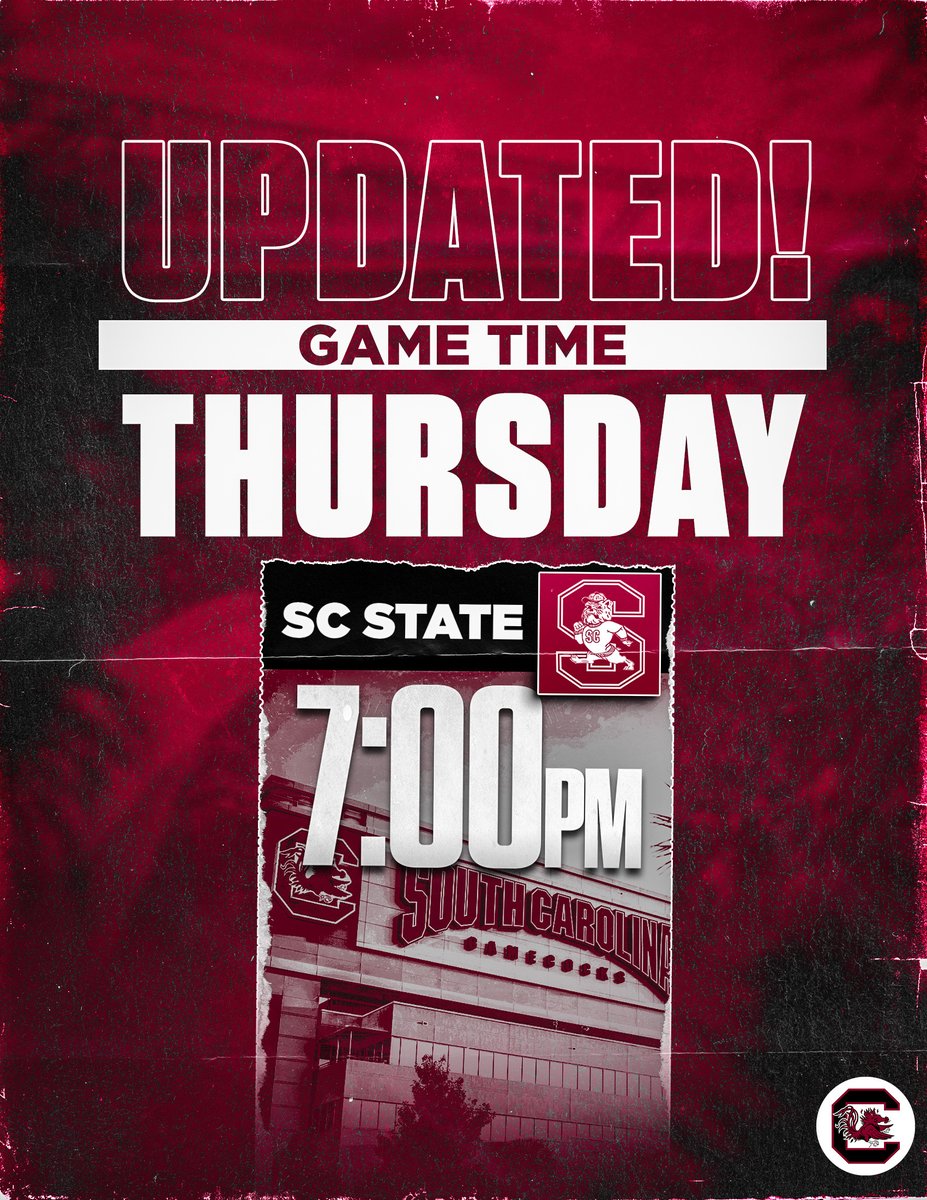 Due to the potential impact of Hurricane Ian, our game against SC State has been moved to Thursday at 7:00PM. More info: gamecocksonline.com/news/2022/09/2…