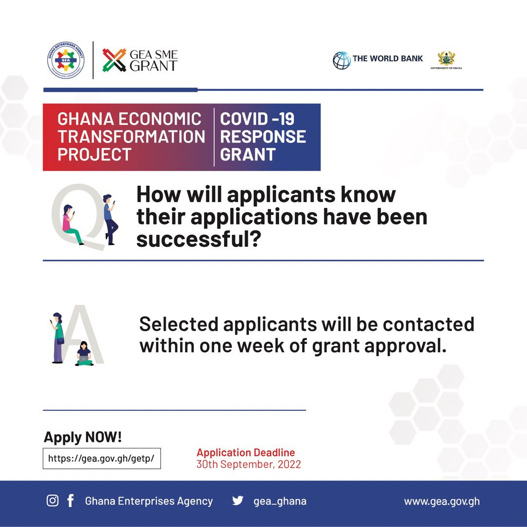 gea_ghana's tweet photo. All selected applicants will be contacted within one week of Grant approval.

#GETP       
#EmpoweringPeople
#COVID19ResponseGrant 
#GrantSectoralExpansion
#TransformingSMEs https://t.co/J1kqlPjxRP