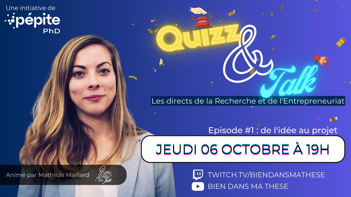 PepiteFrance's tweet photo. [Doctorat &amp; #EspritEntreprendre]
La saison 1 de la série “Quizz &amp; Talk, les Directs de la Recherche et de l’Entrepreneuriat”, c’est parti !🔥 
Doctorant, jeunes chercheurs, avec #CREATIV22, retrouvons-nous demain à 19h. 🚨
👾 https://t.co/3v7mmnn53d
🎥 https://t.co/l6tBJuyFXD https://t.co/DZhsgJbJyc
