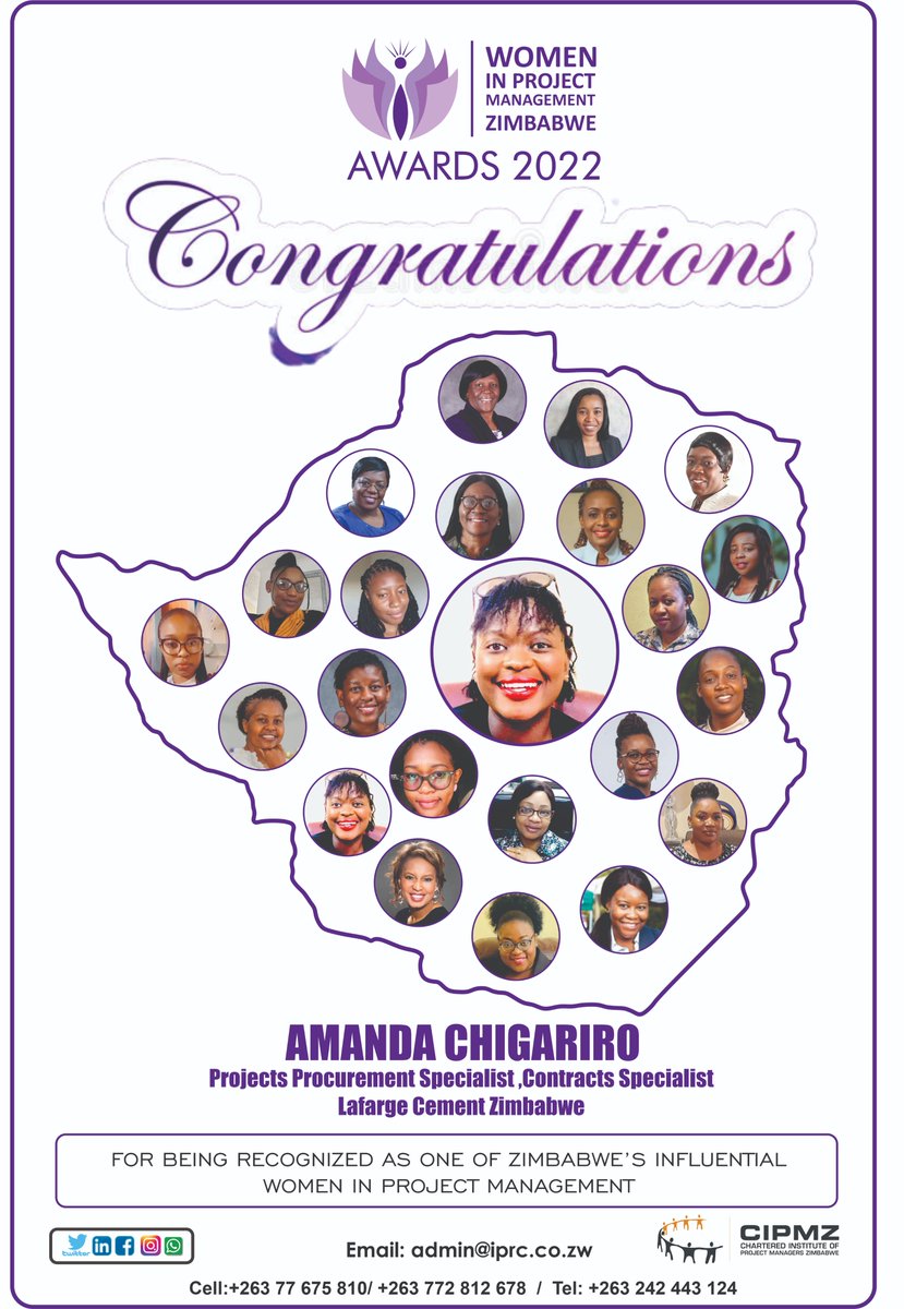 CIPMZ1's tweet photo. Congratulations Amanda Chimanikire Chigariro, Project Procurement Specialist and Contract Specialist from Larfage cement company for being recognised as Zimbabwe's most Inspirational Woman in Project Management. Keep up the good work.
#projectmanagement https://t.co/azQJRPyz6s