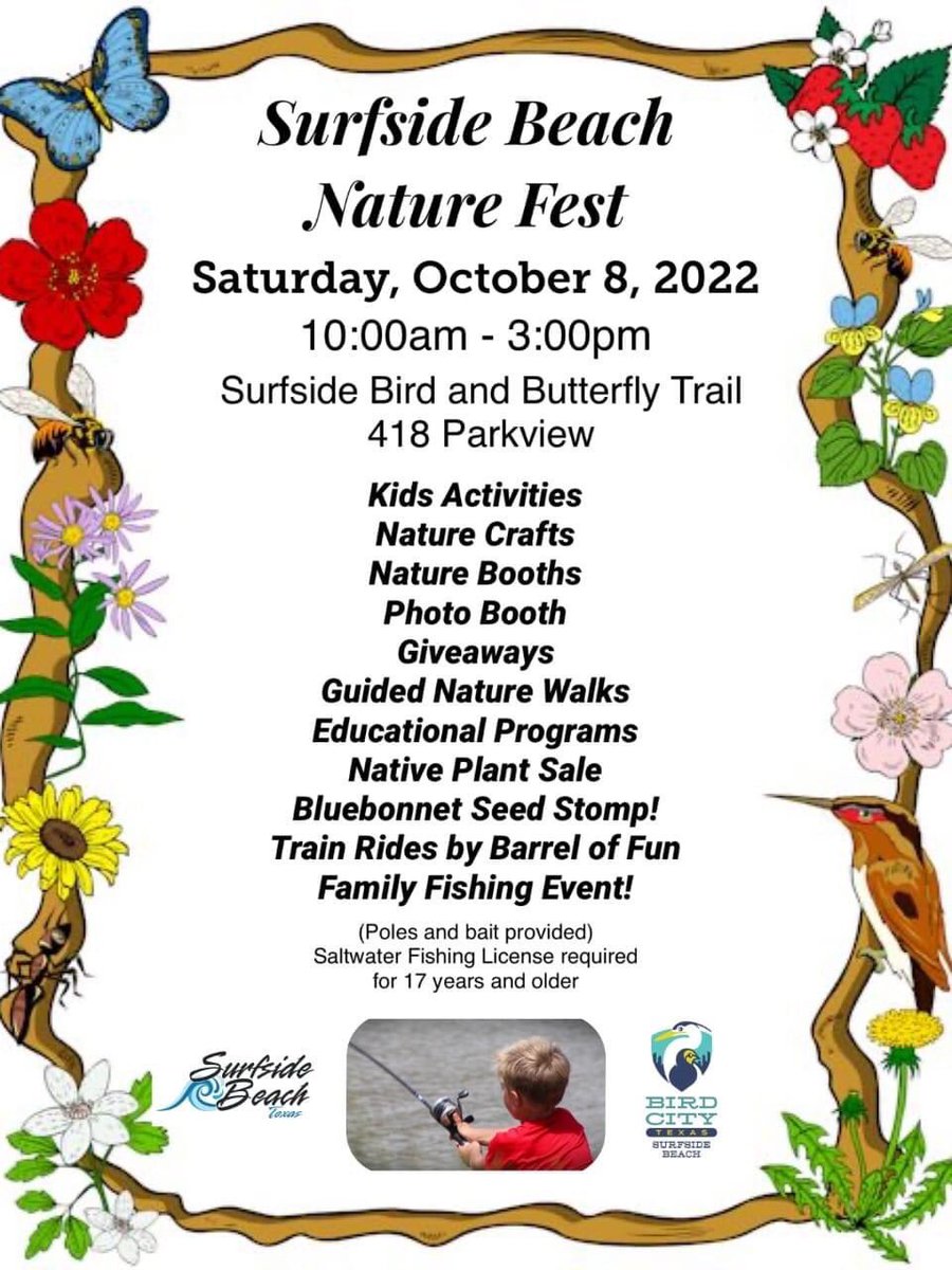 SurfsideTx's tweet photo. Moms, Dads and Grandparents, you can’t miss this event that is so fun and educational and did we tell you, it’s FREE!! The kids are gonna love it.
Join us on Sat. Oct. 8th in Surfside at our Bird & Butterfly Trail from 10-3pm. #surfsidebeachtx #naturefest #surfsideevents https://t.co/dBvktMElGq