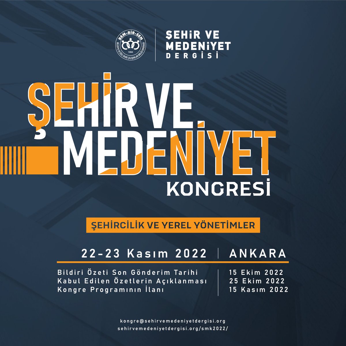 Bu yıl ilkini düzenleyeceğimiz
Şehir ve Medeniyet Kongresi'nin teması
"Şehircilik ve Yerel Yönetimler." 

22-23 Kasım 2022 tarihinde Ankara'da gerçekleştirecek olduğumuz kongremize ilgili araştırmacıların katılımını bekliyoruz.