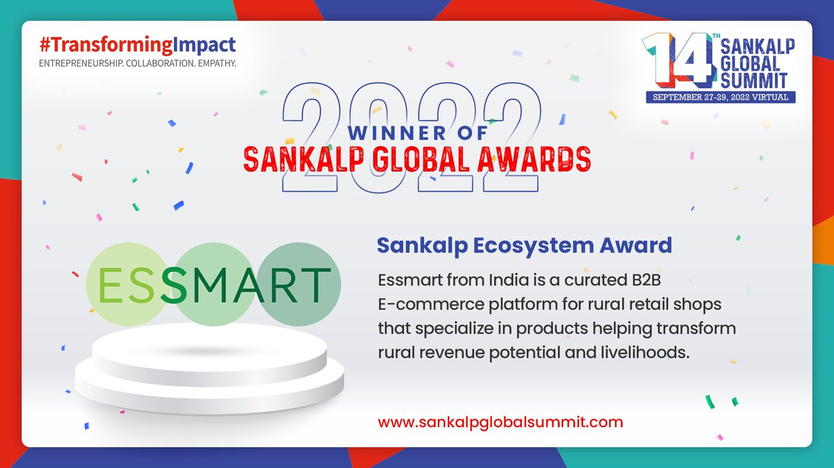 SankalpForum's tweet photo. Congratulations to @essmart for winning the Sankalp Global Award 2022, in the #Sankalp #Ecosystem Award category! 

Sankalp Global Awards are geared to support, recognize &amp; celebrate high impact enterprises to tackle key development challenges.

Join us: https://t.co/jBJQUSzCYS https://t.co/ZOS1ZykJoH