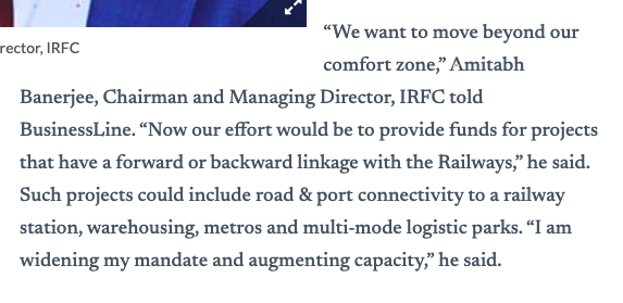 sadhansimplify's tweet photo. Indian Railway Finance Corporation IRFC
Post announcement of #NewLogisticsPolicy, management strategy looks feasible as funding is going to be a demand of the hour going ahead !
Our thoughts are here:https://t.co/gceJq7Kwky https://t.co/Ano2KLUcVc