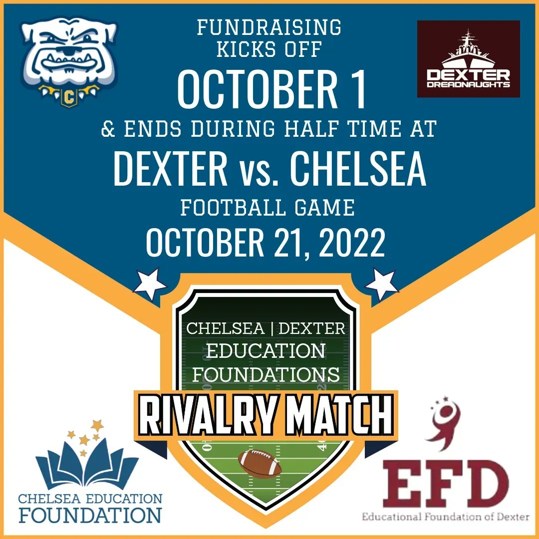 Saturday is the Rivalry Match Kickoff! Let’s give  Chelsea an early lead! 
.
chelseaeducationfoundation.org/2022-rivalry-m…
.
#chelseaeducationfoundation #chelseamichigan #chelseaschooldistrict #nonprofitorganization #chelseabulldogs #rivalrymatch2022 #dextervschelsea