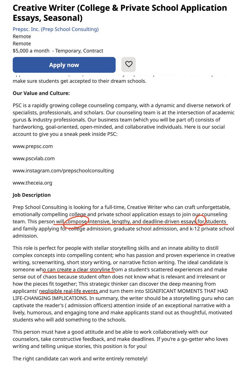 An actual job posting on Indeed. 

A indepentant consulting company looking to hire someone to make up stories for children's applications to private school. 

indeed.com/viewjob?jk=16b…