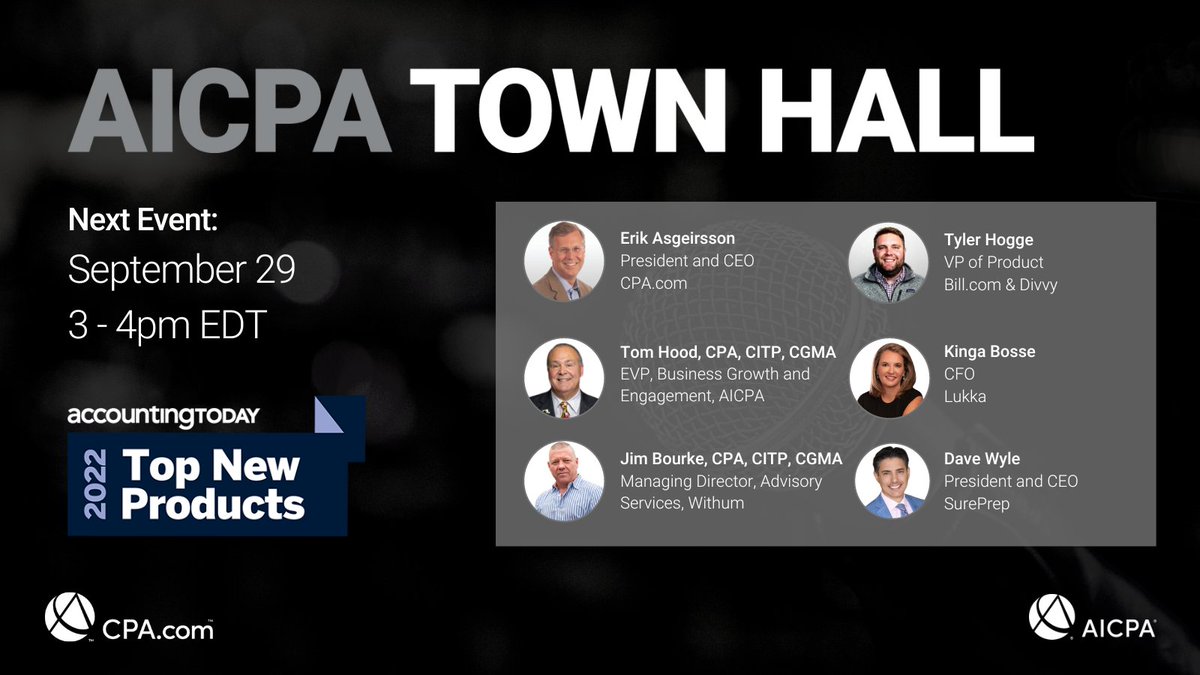 CPAcom's tweet photo. Join the Sept 29th #AICPATownHall special edition episode, Tech Summit to hear from leaders in technology on advancements in accounting &amp; finance solutions. Register: https://t.co/8IaTi48lD1