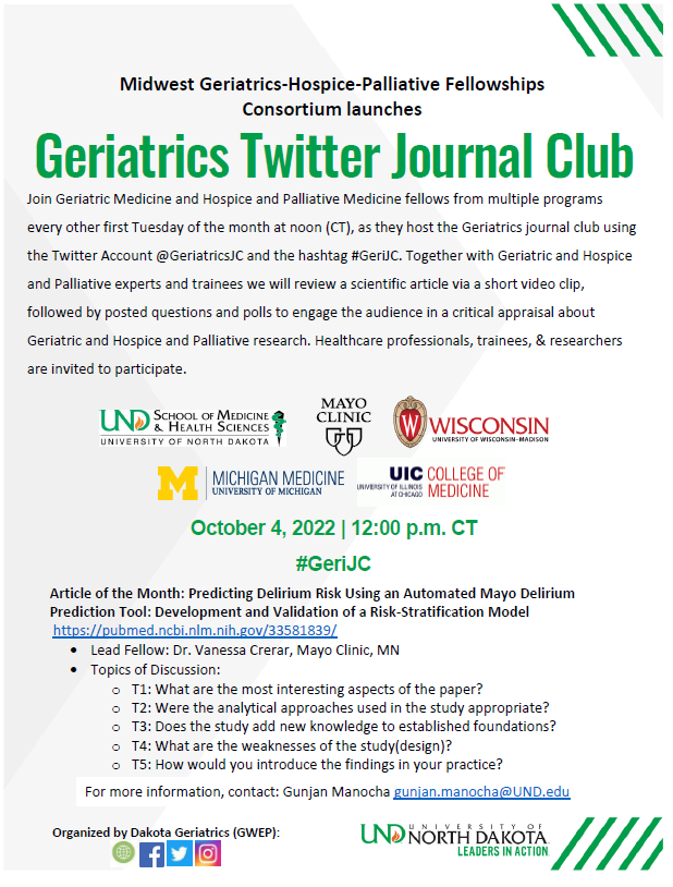 GeriatricsJC's tweet photo. Time to announce our next session. Mayo clinic fellow, Dr, Vanessa Crerar leads this month's discussion on "Predicting Delirium Risk Using an Automated Mayo Delirium Prediction Tool". Starts Oct 4th, 12PM CT. #GeriJC Article-> https://t.co/5WEhW2PFrM
Pre-tests coming later today! https://t.co/NH3Pb9rqEm